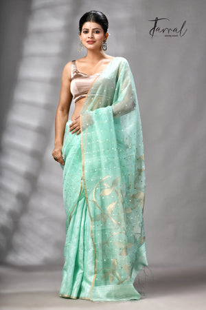 Sea Green Half Muslin & Half Matka Silk Handwoven Jamdani With Sequins Work Saree