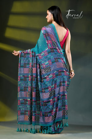 Deep turquoise mulmul cotton lambani embroidery saree