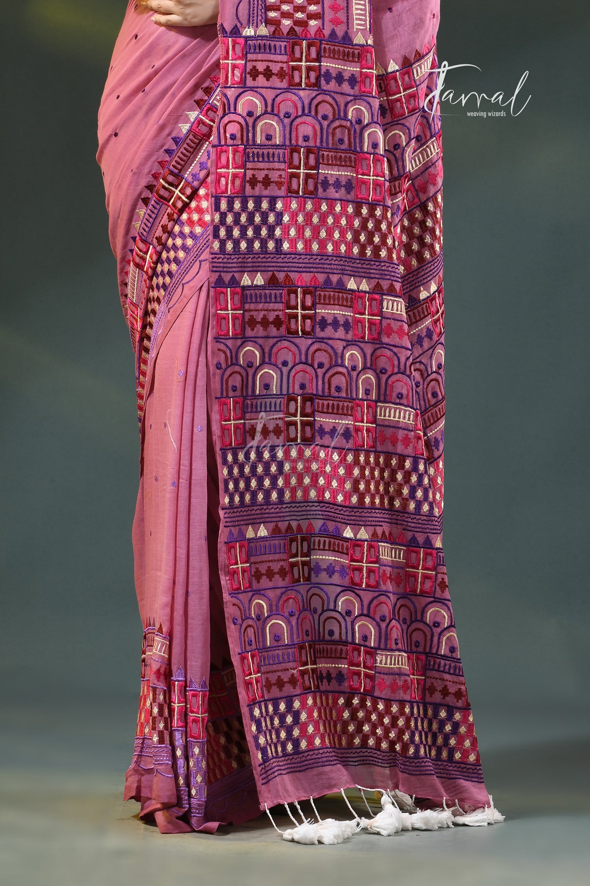 Dusty pink Lambani embroidery mulmul cotton saree