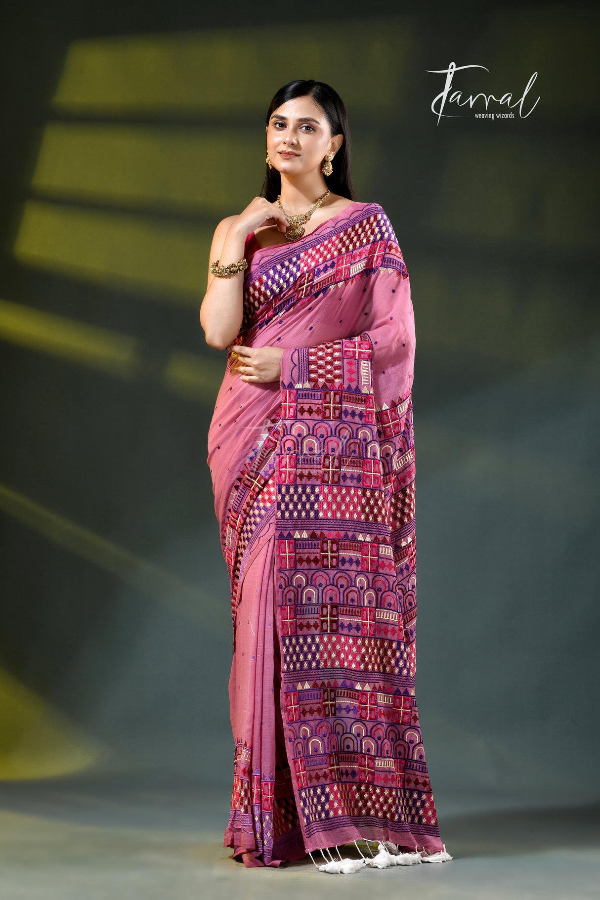 Dusty pink Lambani embroidery mulmul cotton saree