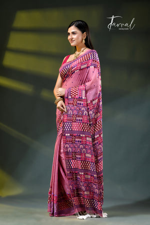 Dusty pink Lambani embroidery mulmul cotton saree