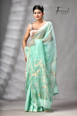 Sea Green Half Muslin & Half Matka Silk Handwoven Jamdani With Sequins Work Saree