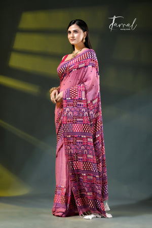 Dusty pink Lambani embroidery mulmul cotton saree