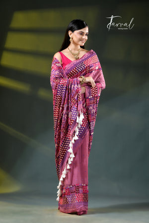 Dusty pink Lambani embroidery mulmul cotton saree