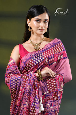 Dusty pink Lambani embroidery mulmul cotton saree