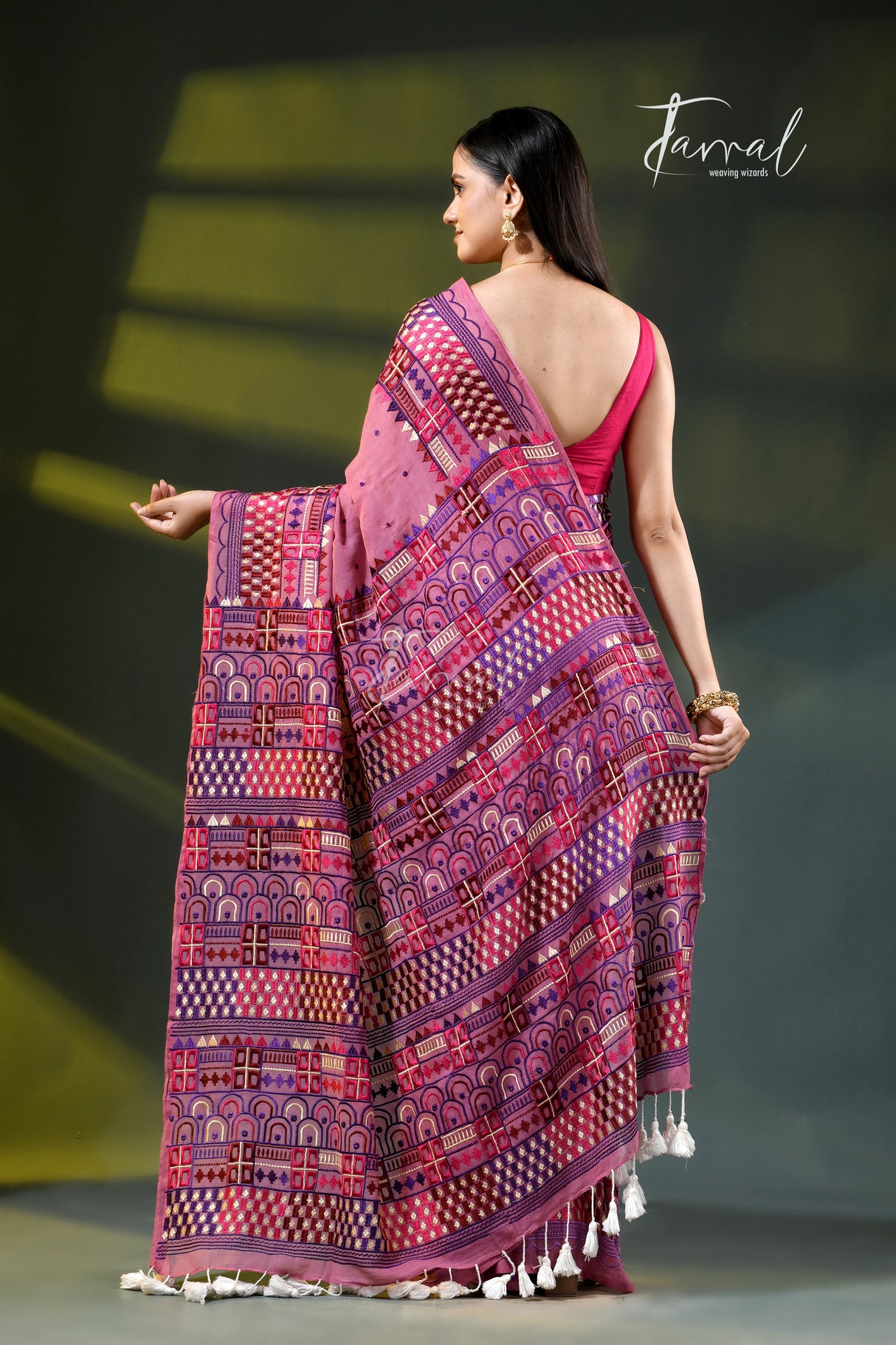 Dusty pink Lambani embroidery mulmul cotton saree