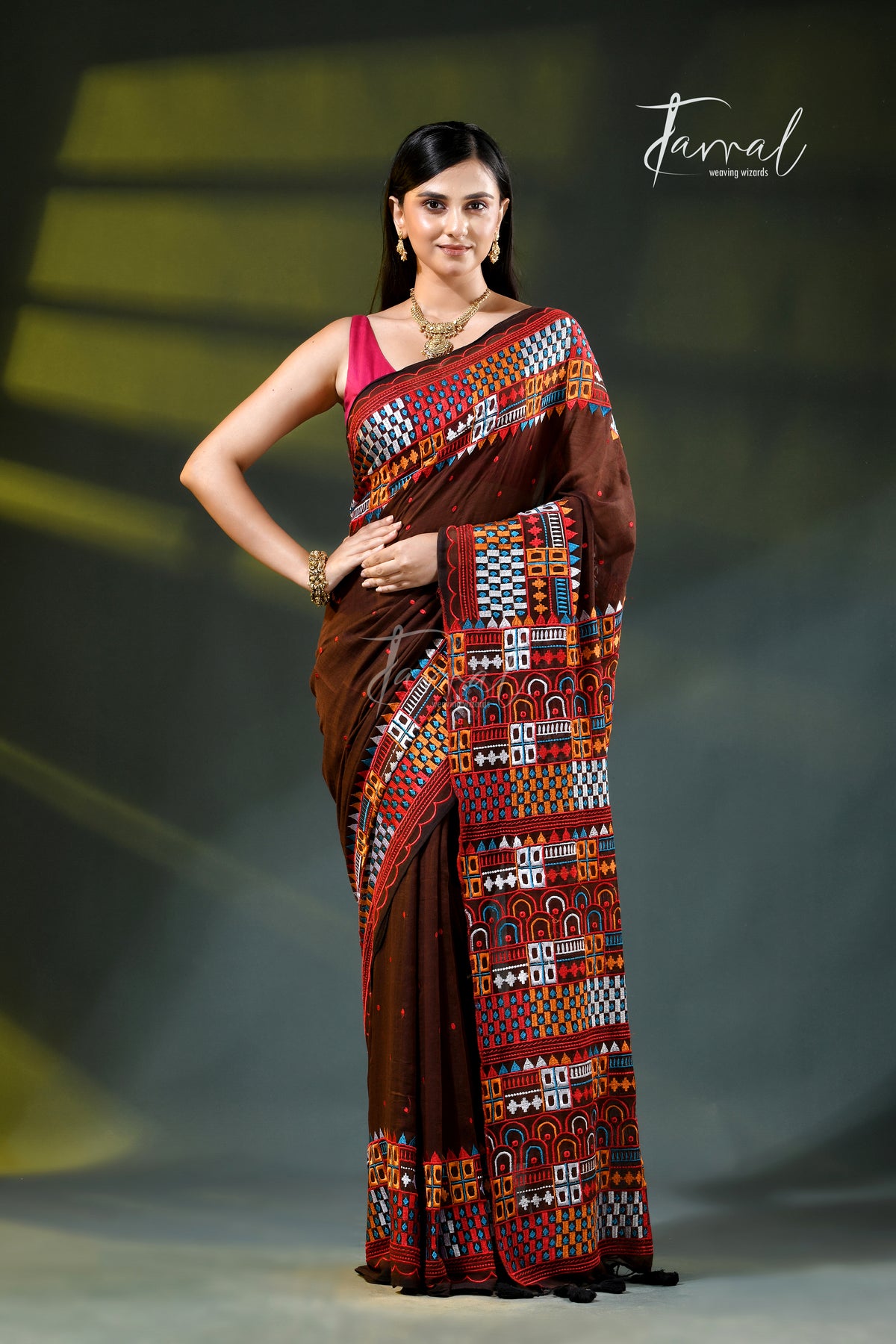 Brown mulmul cotton lambani embroidery saree