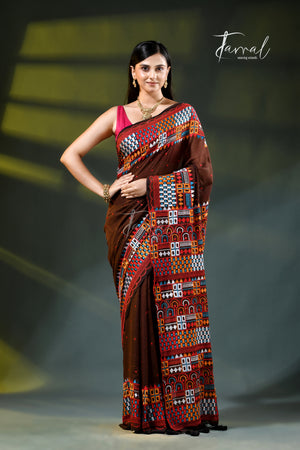 Brown mulmul cotton lambani embroidery saree