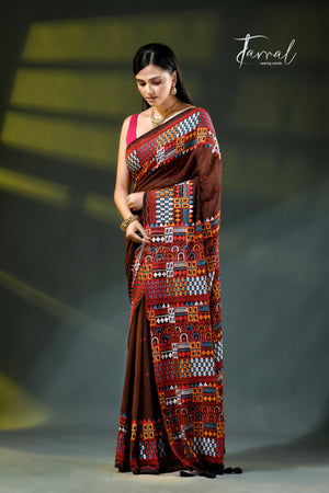 Brown mulmul cotton lambani embroidery saree