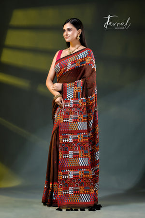 Brown mulmul cotton lambani embroidery saree