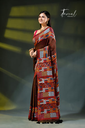 Brown mulmul cotton lambani embroidery saree