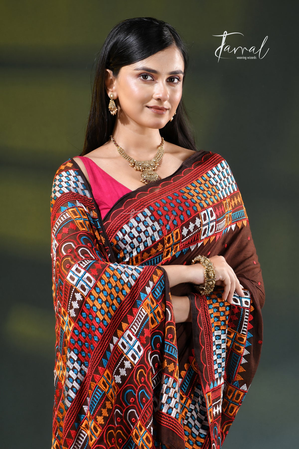 Brown mulmul cotton lambani embroidery saree