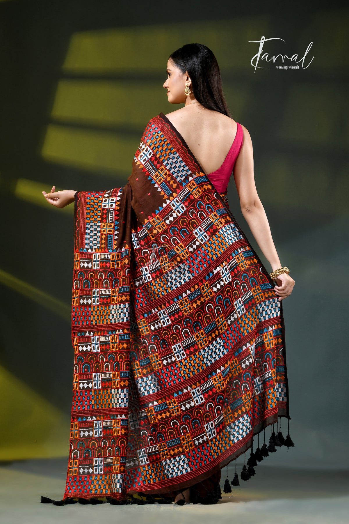 Brown mulmul cotton lambani embroidery saree