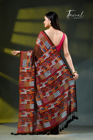 Brown mulmul cotton lambani embroidery saree