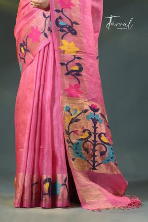 Pink with golden zari pure tussar silk paithani handloom saree