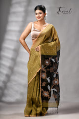 Mehendi Green Silk Linen Handwoven Jamdani Saree