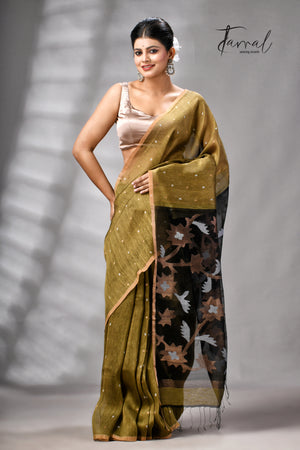 Mehendi Green Silk Linen Handwoven Jamdani Saree