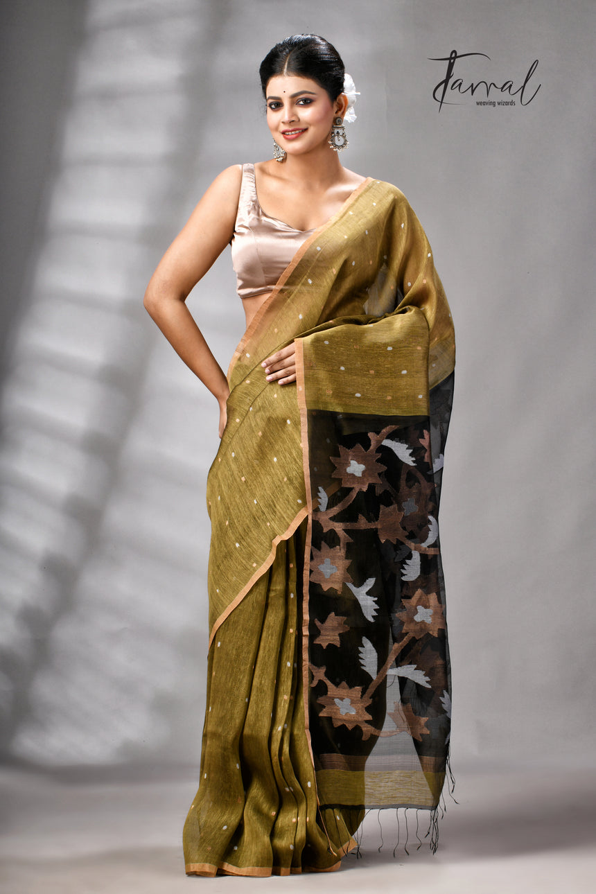 Mehendi Green Silk Linen Handwoven Jamdani Saree