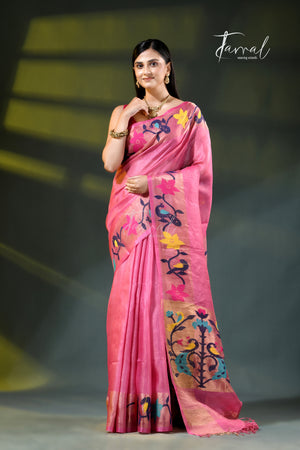 Pink with golden zari pure tussar silk paithani handloom saree