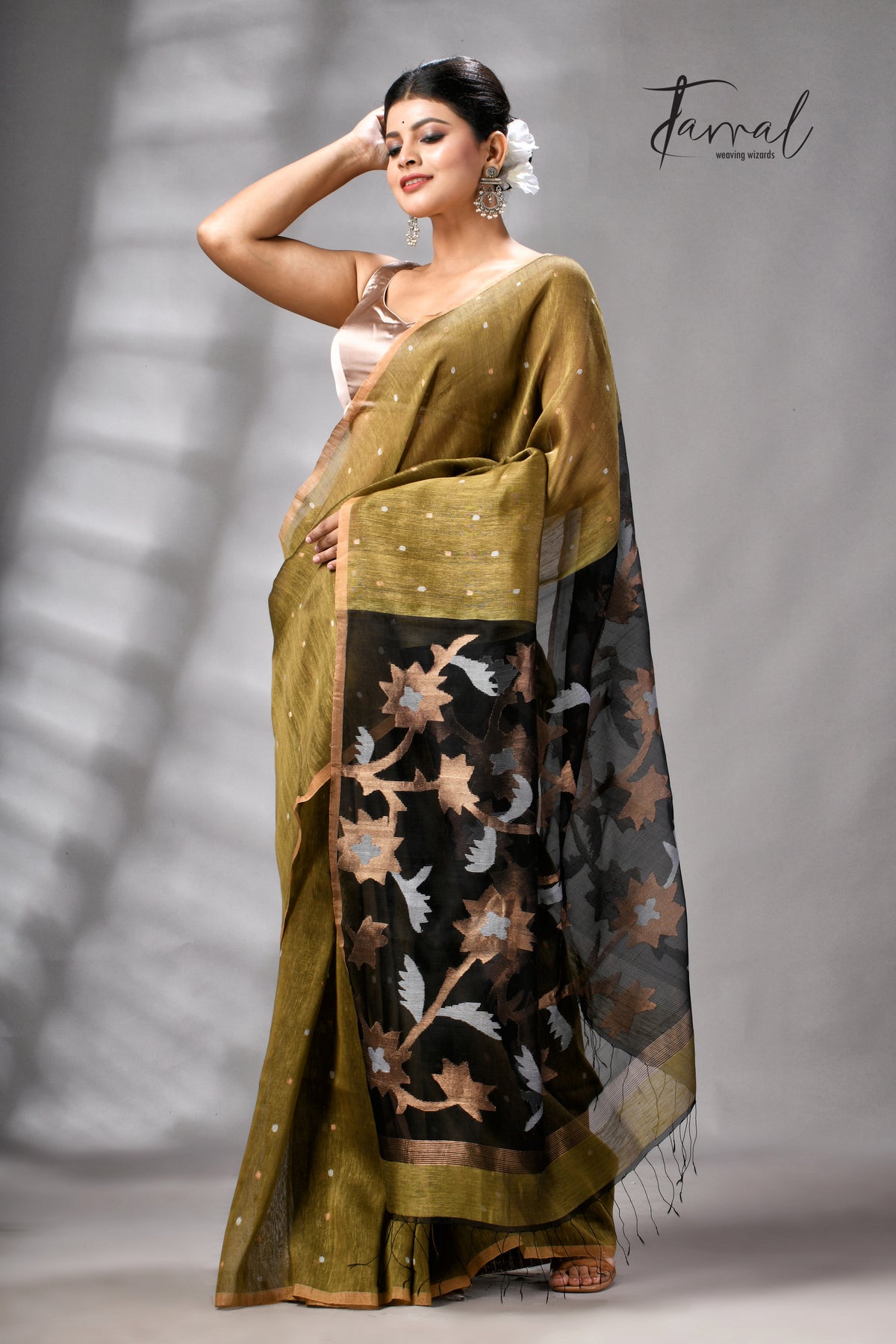 Mehendi Green Silk Linen Handwoven Jamdani Saree