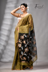 Mehendi Green Silk Linen Handwoven Jamdani Saree