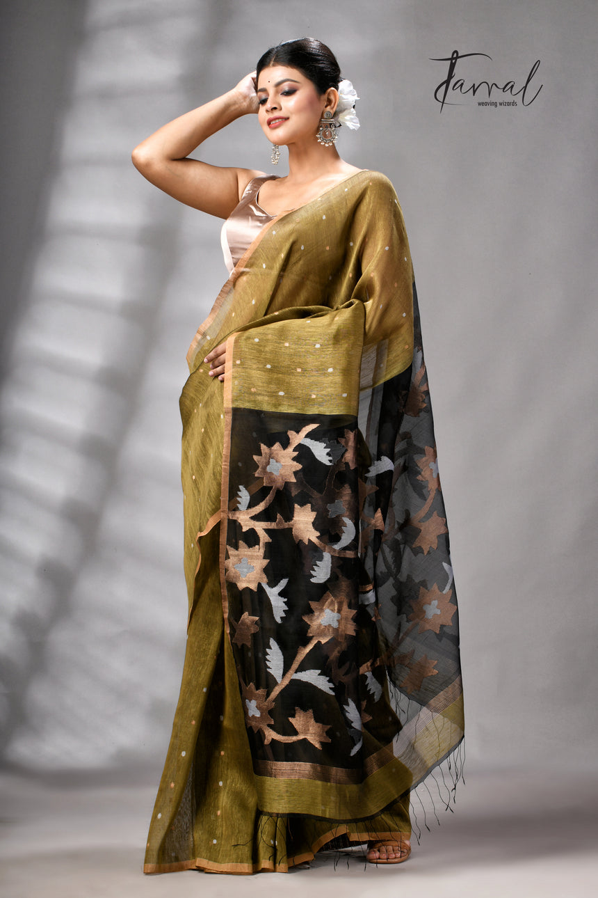 Mehendi Green Silk Linen Handwoven Jamdani Saree