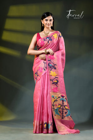 Pink with golden zari pure tussar silk paithani handloom saree