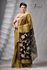 Mehendi Green Silk Linen Handwoven Jamdani Saree