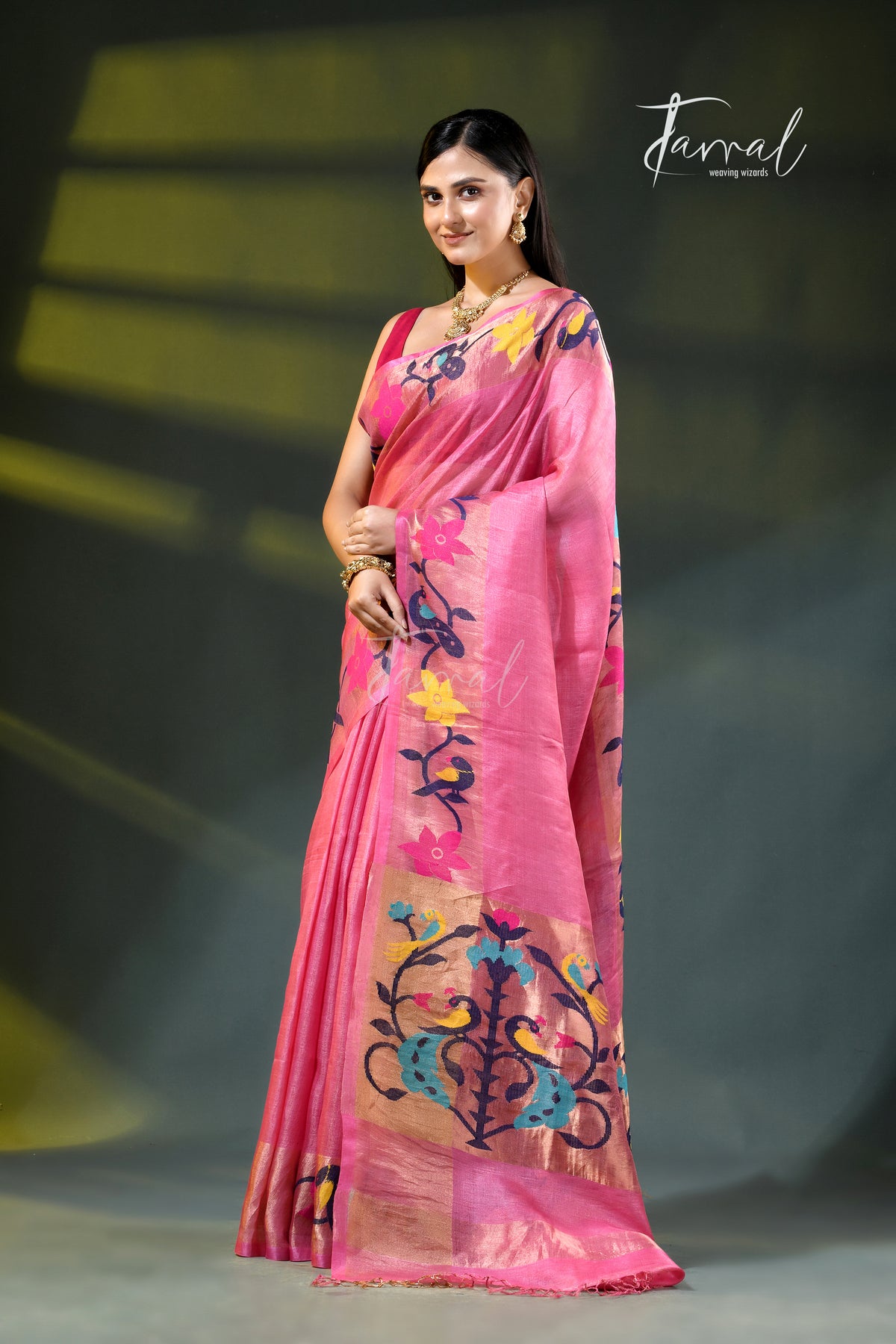 Pink with golden zari pure tussar silk paithani handloom saree