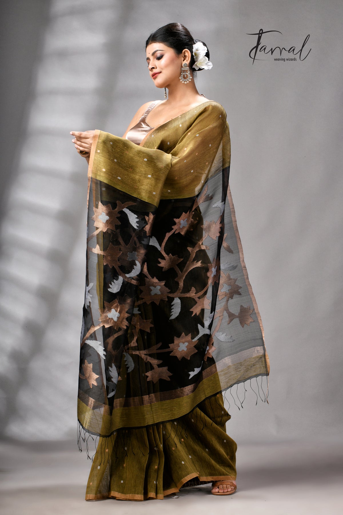 Mehendi Green Silk Linen Handwoven Jamdani Saree