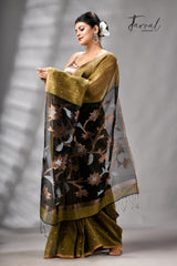 Mehendi Green Silk Linen Handwoven Jamdani Saree