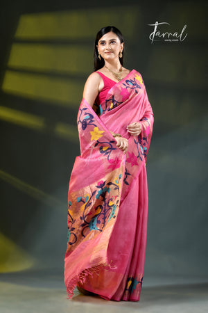 Pink with golden zari pure tussar silk paithani handloom saree