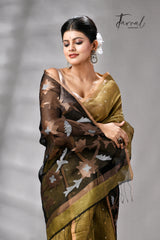 Mehendi Green Silk Linen Handwoven Jamdani Saree