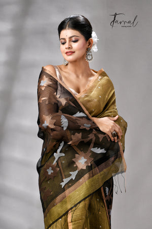 Mehendi Green Silk Linen Handwoven Jamdani Saree