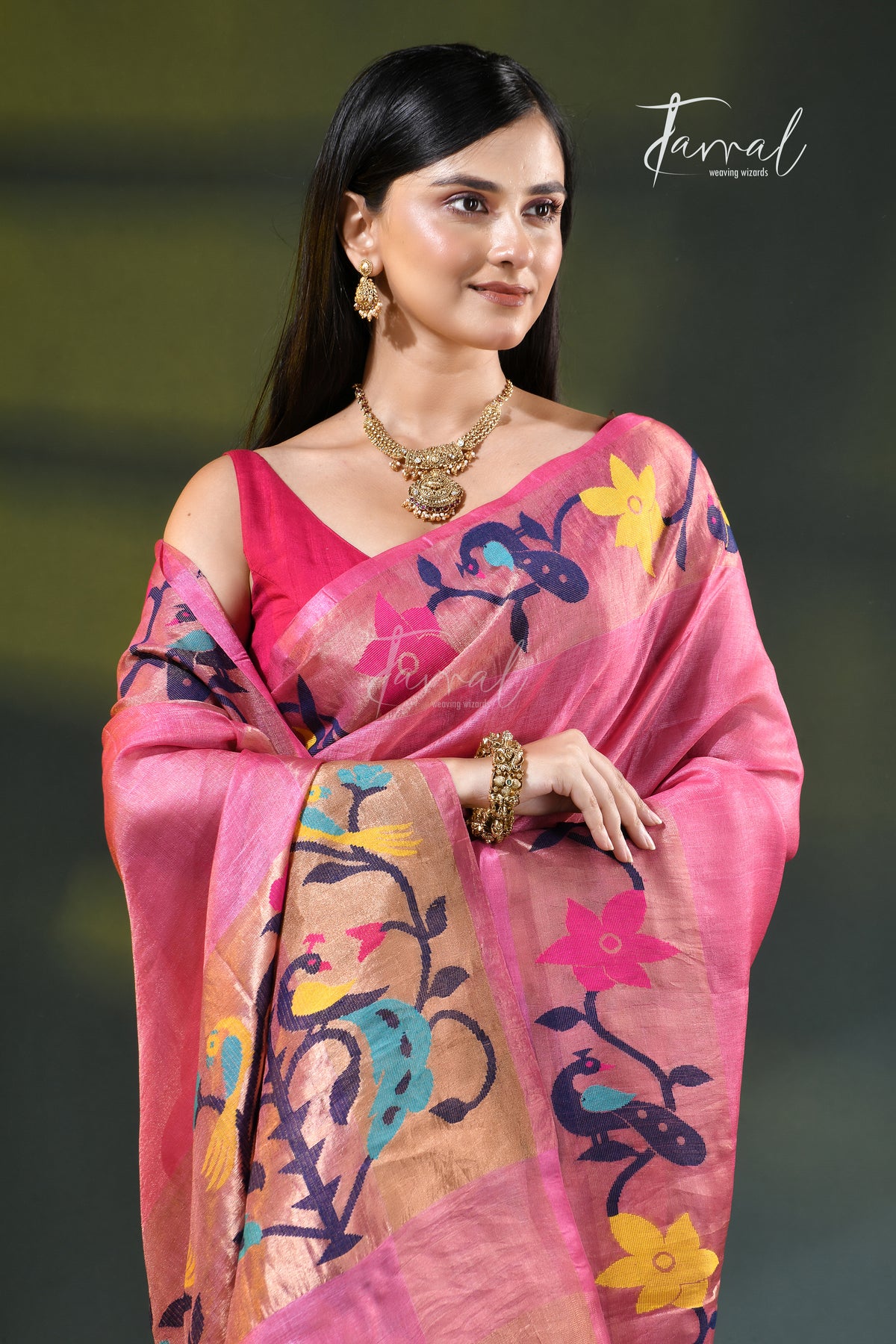 Pink with golden zari pure tussar silk paithani handloom saree