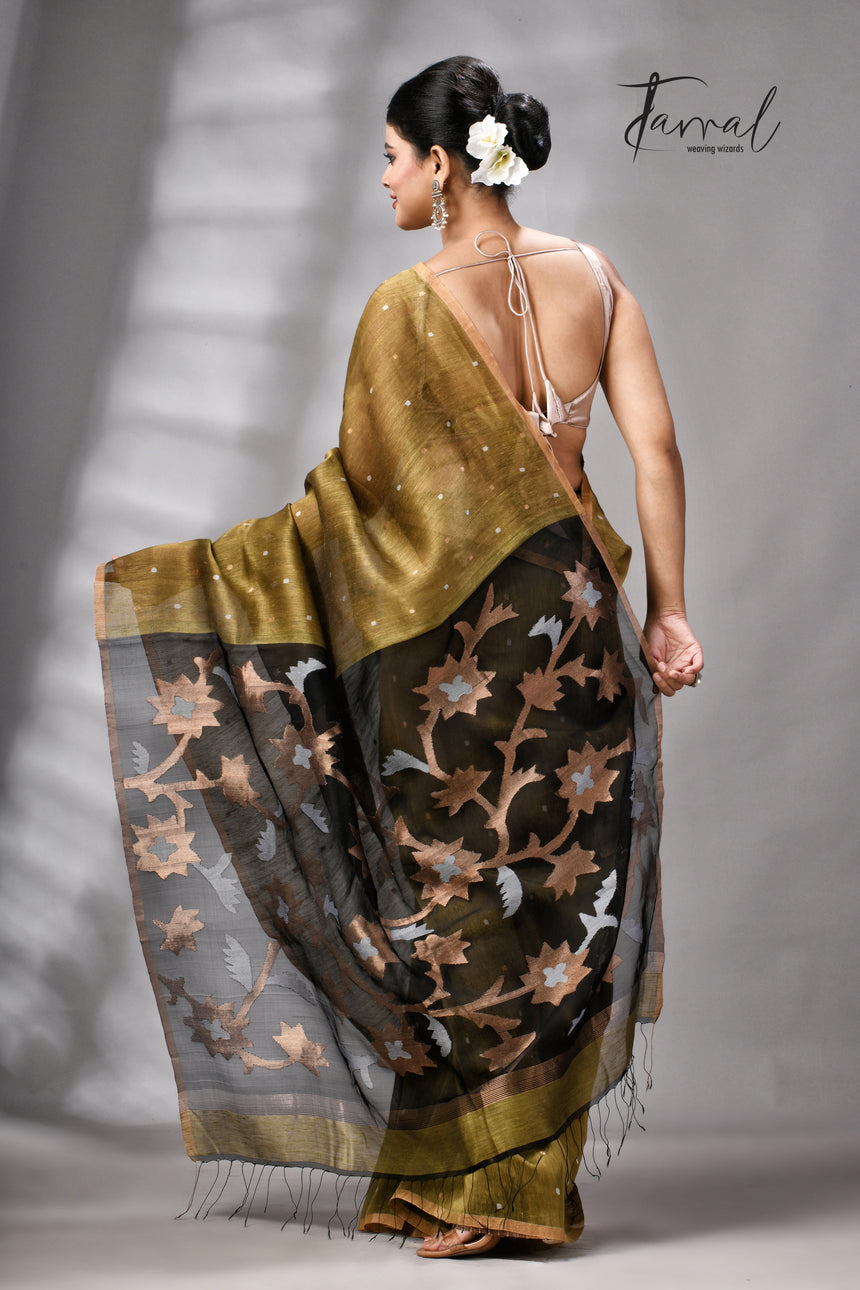 Mehendi Green Silk Linen Handwoven Jamdani Saree