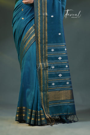 Teal Blue Zari Border Cotton Bhujori Handloom Saree | Tamal Boutique
