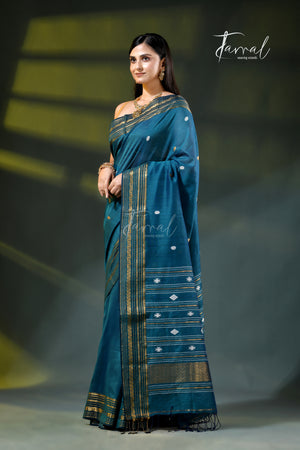 Teal Blue Zari Border Cotton Bhujori Handloom Saree | Tamal Boutique