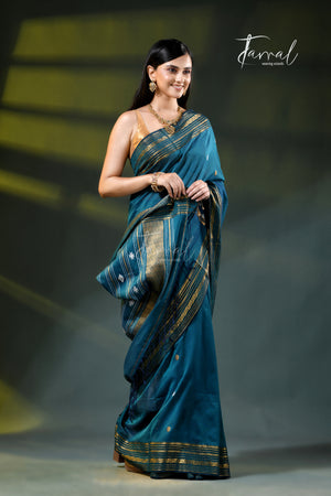 Teal Blue Zari Border Cotton Bhujori Handloom Saree | Tamal Boutique