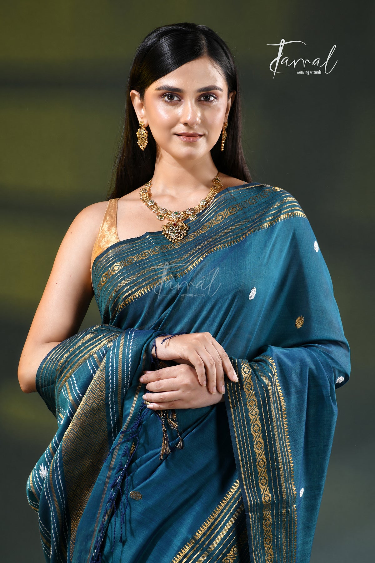Teal Blue Zari Border Cotton Bhujori Handloom Saree | Tamal Boutique