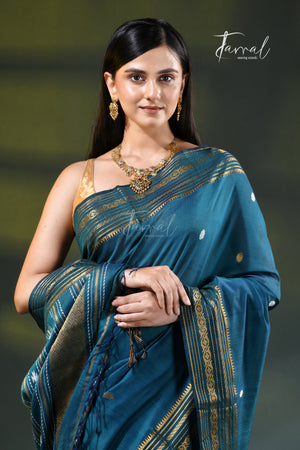 Teal Blue Zari Border Cotton Bhujori Handloom Saree | Tamal Boutique