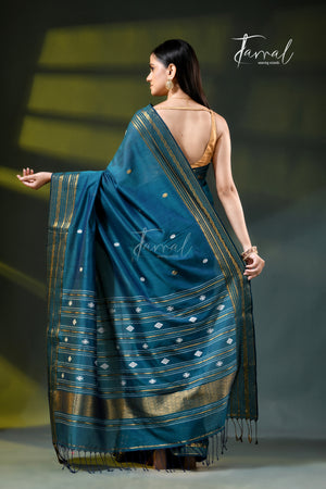 Teal Blue Zari Border Cotton Bhujori Handloom Saree | Tamal Boutique