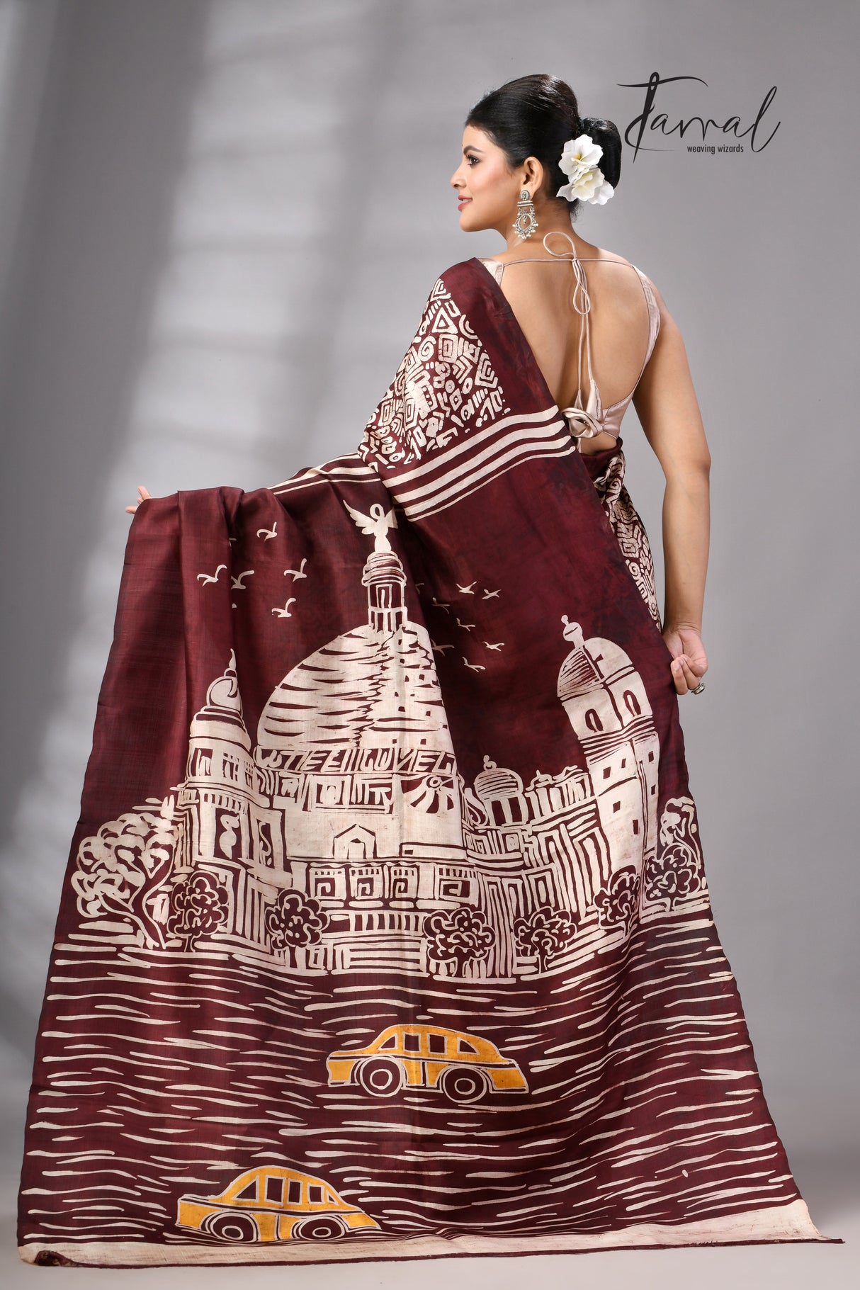 Brown & white yellow taxi & victoria handcrafted pure batik silk saree