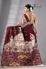 Brown & white yellow taxi & victoria handcrafted pure batik silk saree