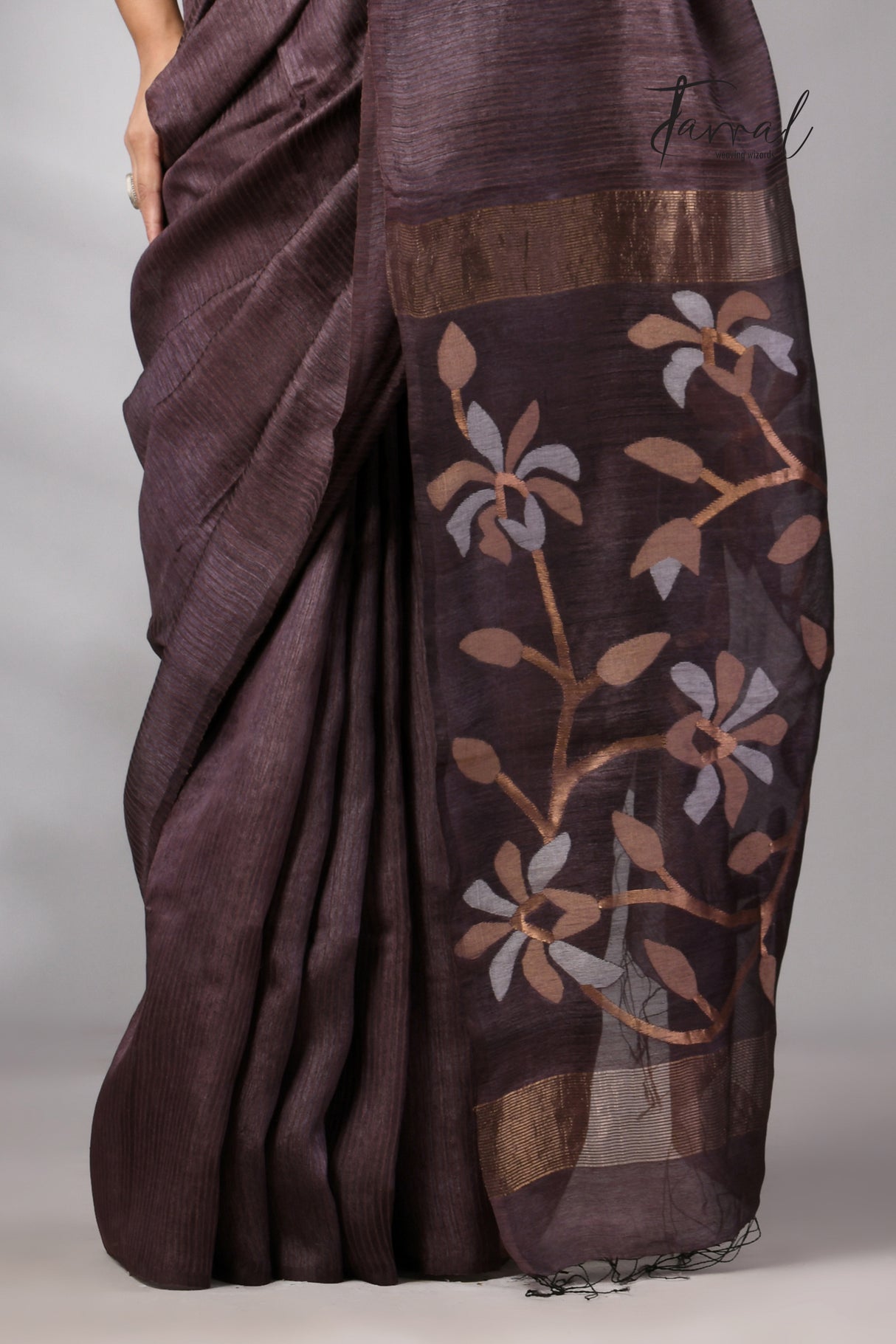 Dark Brown Muga & Gachhi Tussar Silk Stripe Handwoven Jamdani Saree
