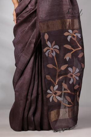 Dark Brown Muga & Gachhi Tussar Silk Stripe Handwoven Jamdani Saree