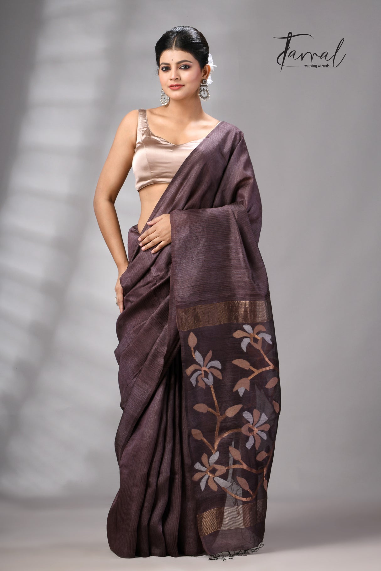 Dark Brown Muga & Gachhi Tussar Silk Stripe Handwoven Jamdani Saree