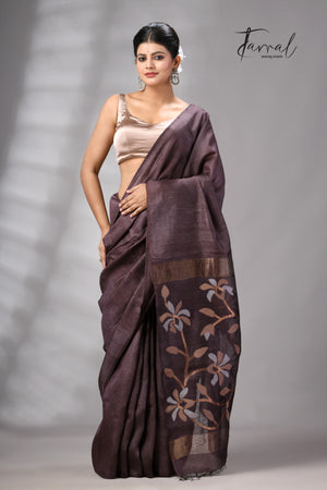 Dark Brown Muga & Gachhi Tussar Silk Stripe Handwoven Jamdani Saree