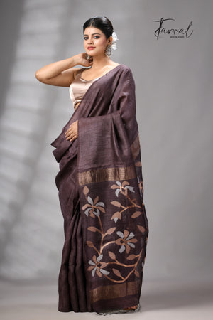 Dark Brown Muga & Gachhi Tussar Silk Stripe Handwoven Jamdani Saree