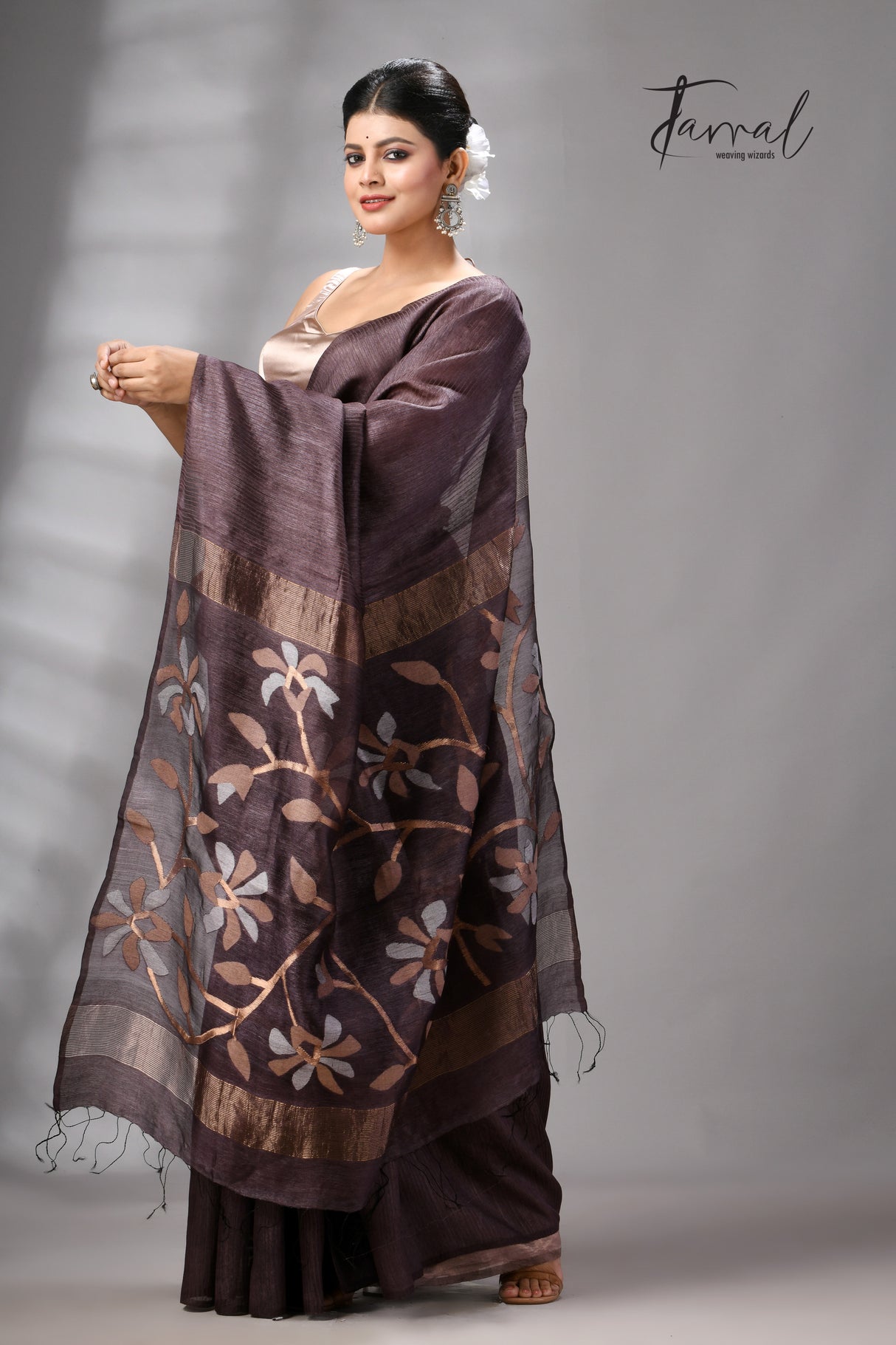 Dark Brown Muga & Gachhi Tussar Silk Stripe Handwoven Jamdani Saree